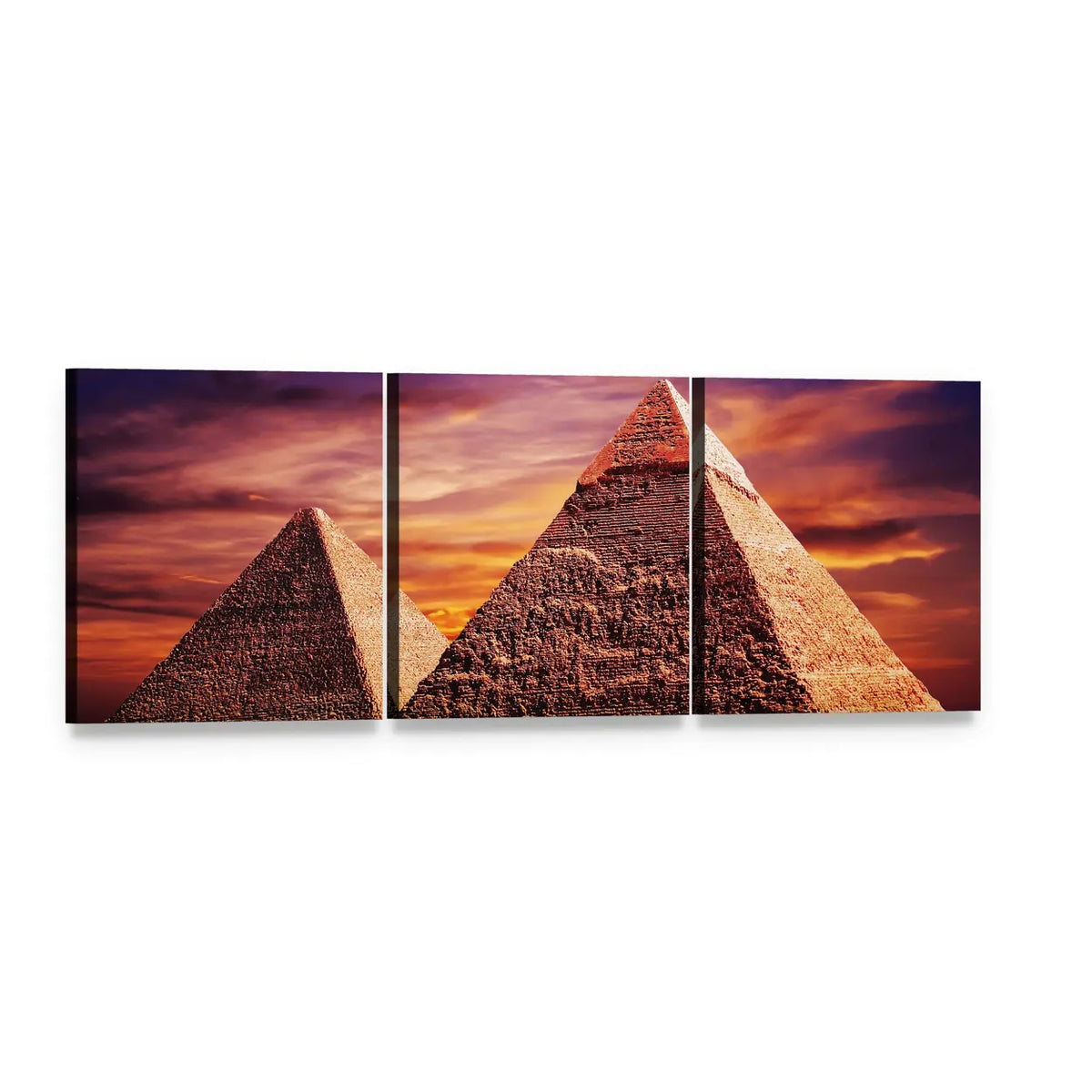 Pyramids of Giza at Sunset Panoramic Canvas Wall Art, 3 panel 3 Piece layout gallery wrapped canvas set, angled product view