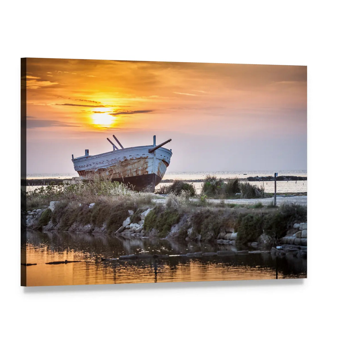 Weathered Wooden Boat at Sunset Canvas Wall Art, single panel gallery wrapped canvas, angled product view