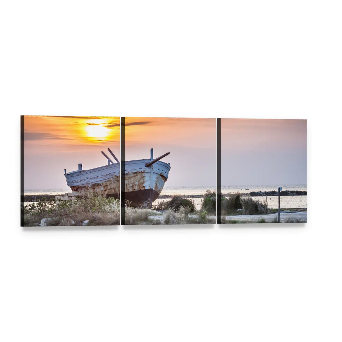 Weathered Boat at Sunset Panoramic Canvas Wall Art, 3 panel 3 Piece layout gallery wrapped canvas set, angled product view