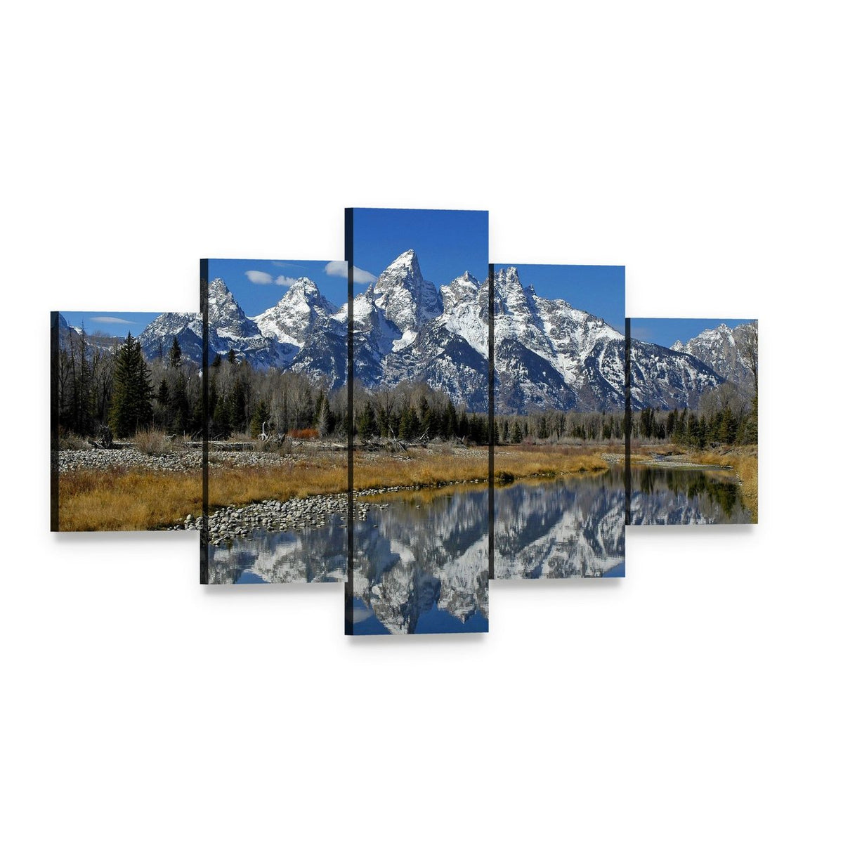 Teton Mountain Range Canvas Wall Art, 5 panel 5 Star layout gallery wrapped canvas set, angled product view