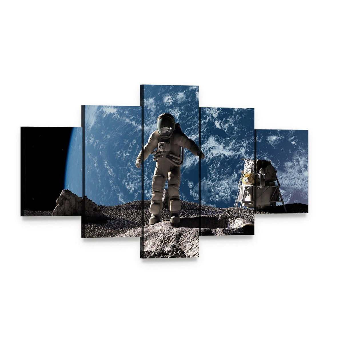 Astronaut on Asteroid Canvas Wall Art, 5 panel 5 Star layout gallery wrapped canvas set, angled product view