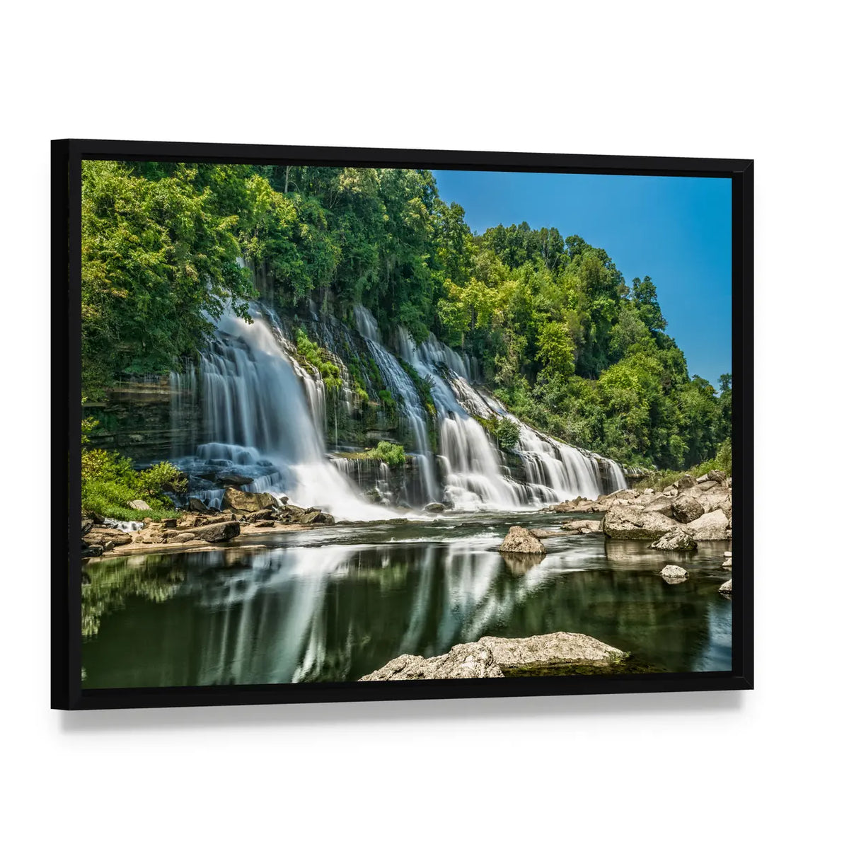 Twin Falls in Tennessee Canvas Wall Art, framed canvas in a black floater frame, angled product view