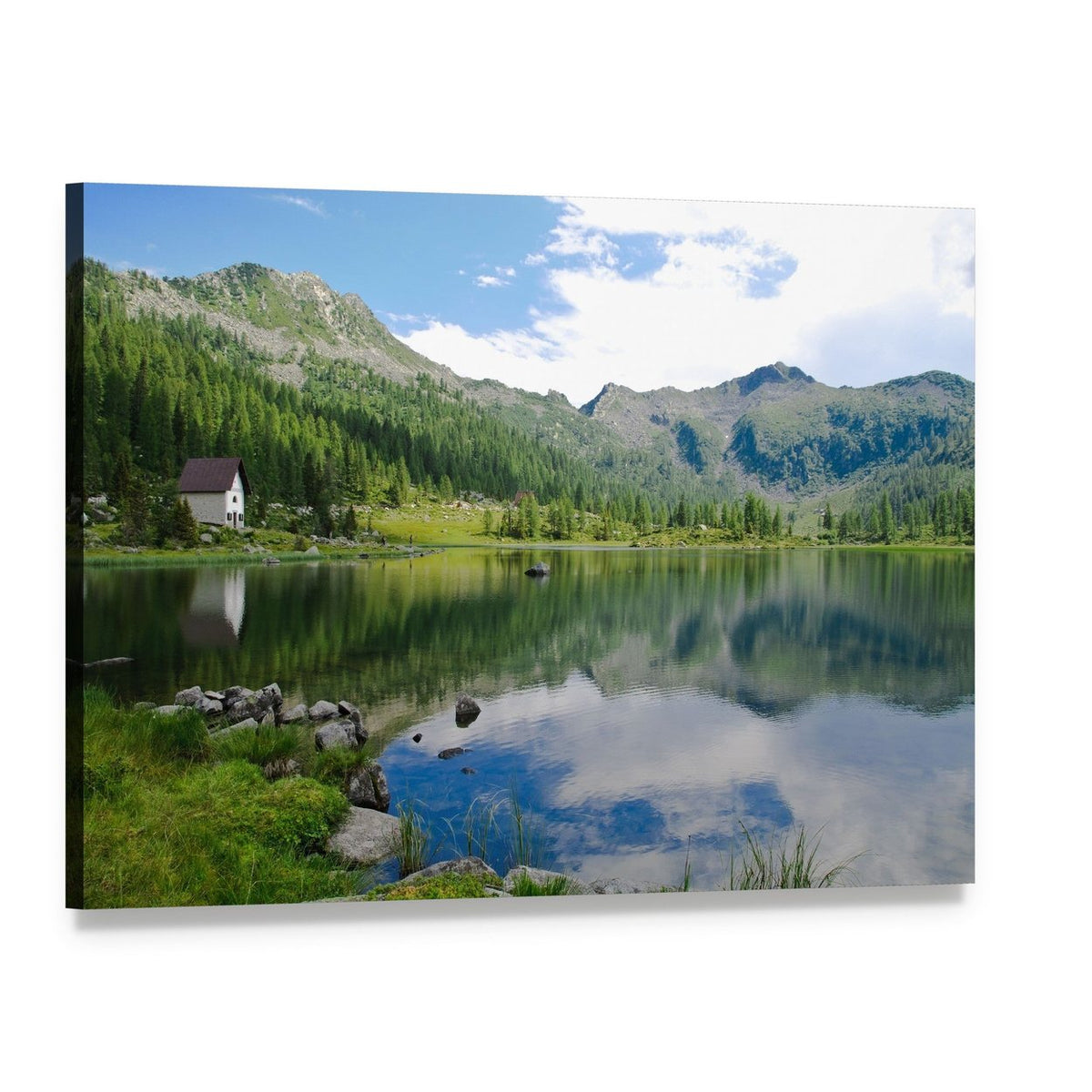 Small White House by Mountain Lake Canvas Wall Art, single panel gallery wrapped canvas, angled product view