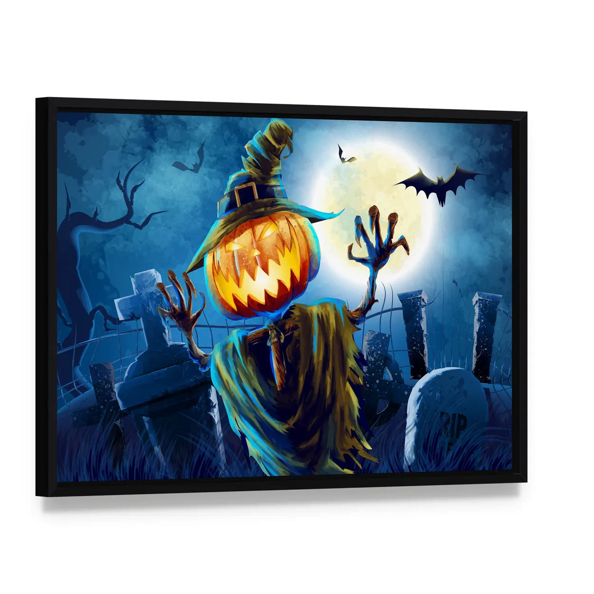 Pumpkin-headed Monster in Graveyard Canvas Wall Art, framed canvas in a black floater frame, angled product view
