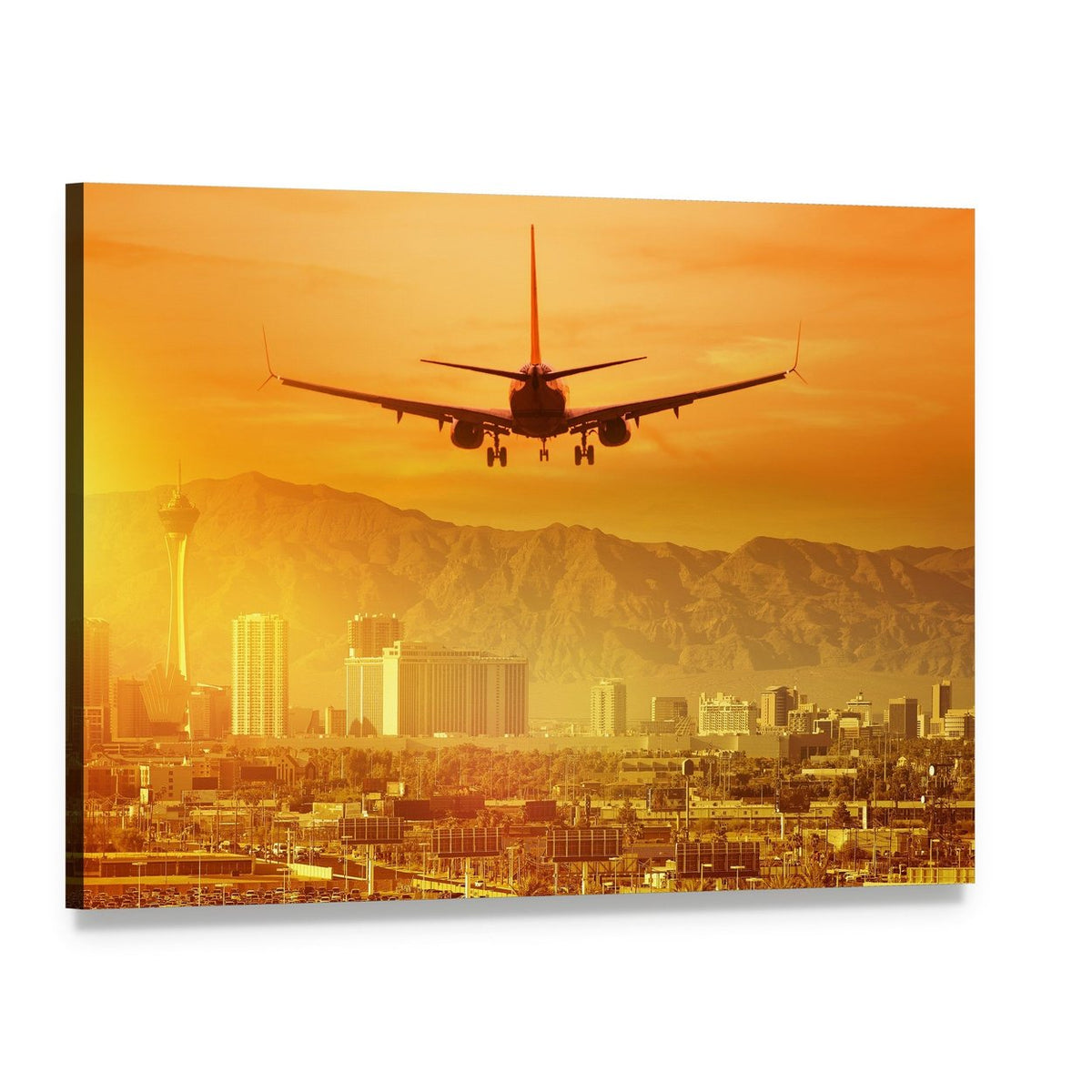 Airplane Flying Above City Canvas Wall Art, single panel gallery wrapped canvas, angled product view