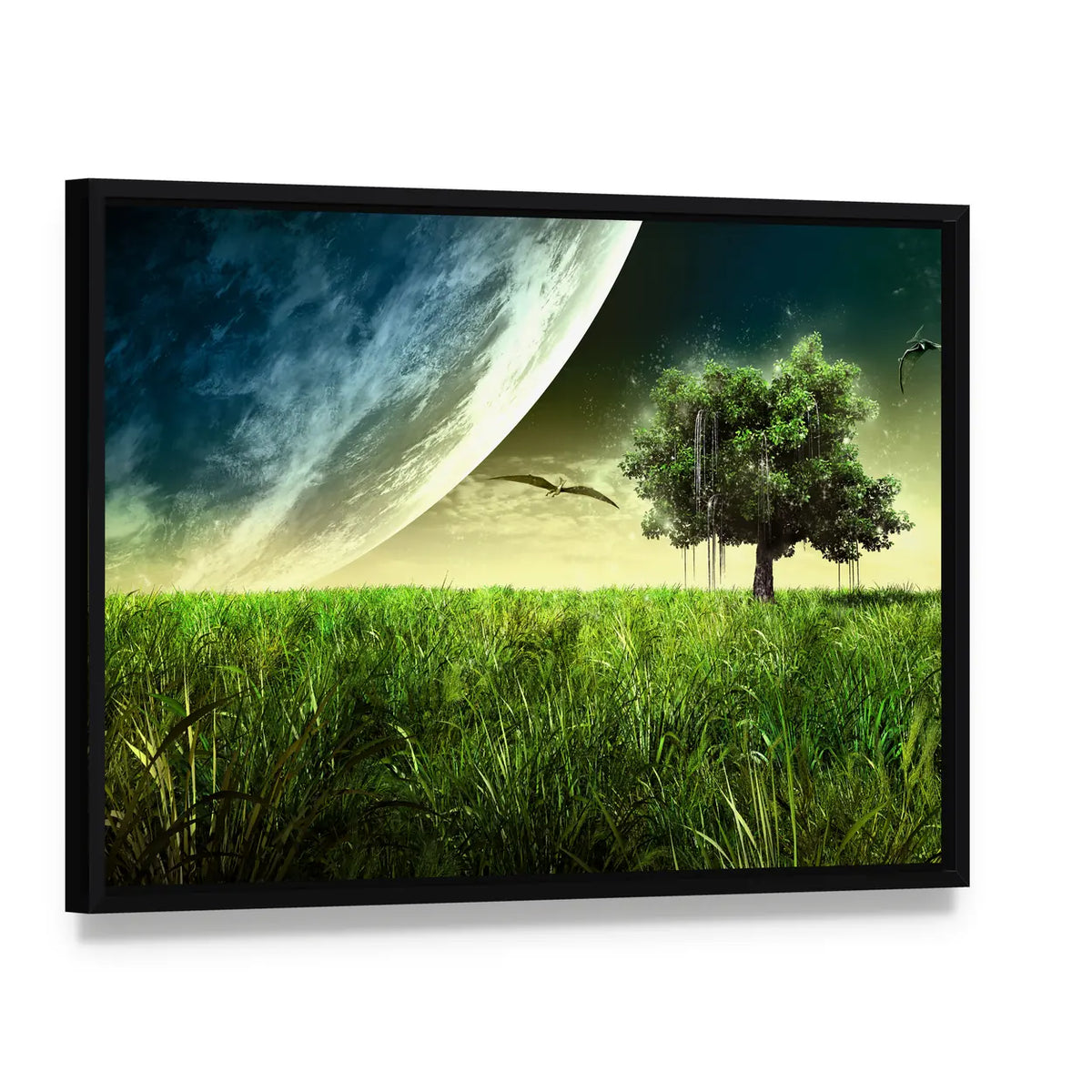 Green Meadow with Pterodactyls Canvas Wall Art, framed canvas in a black floater frame, angled product view
