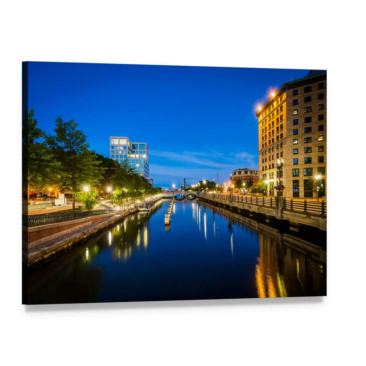 Night Canal and Bridge with City Reflections Canvas Wall Art, single panel gallery wrapped canvas, angled product view