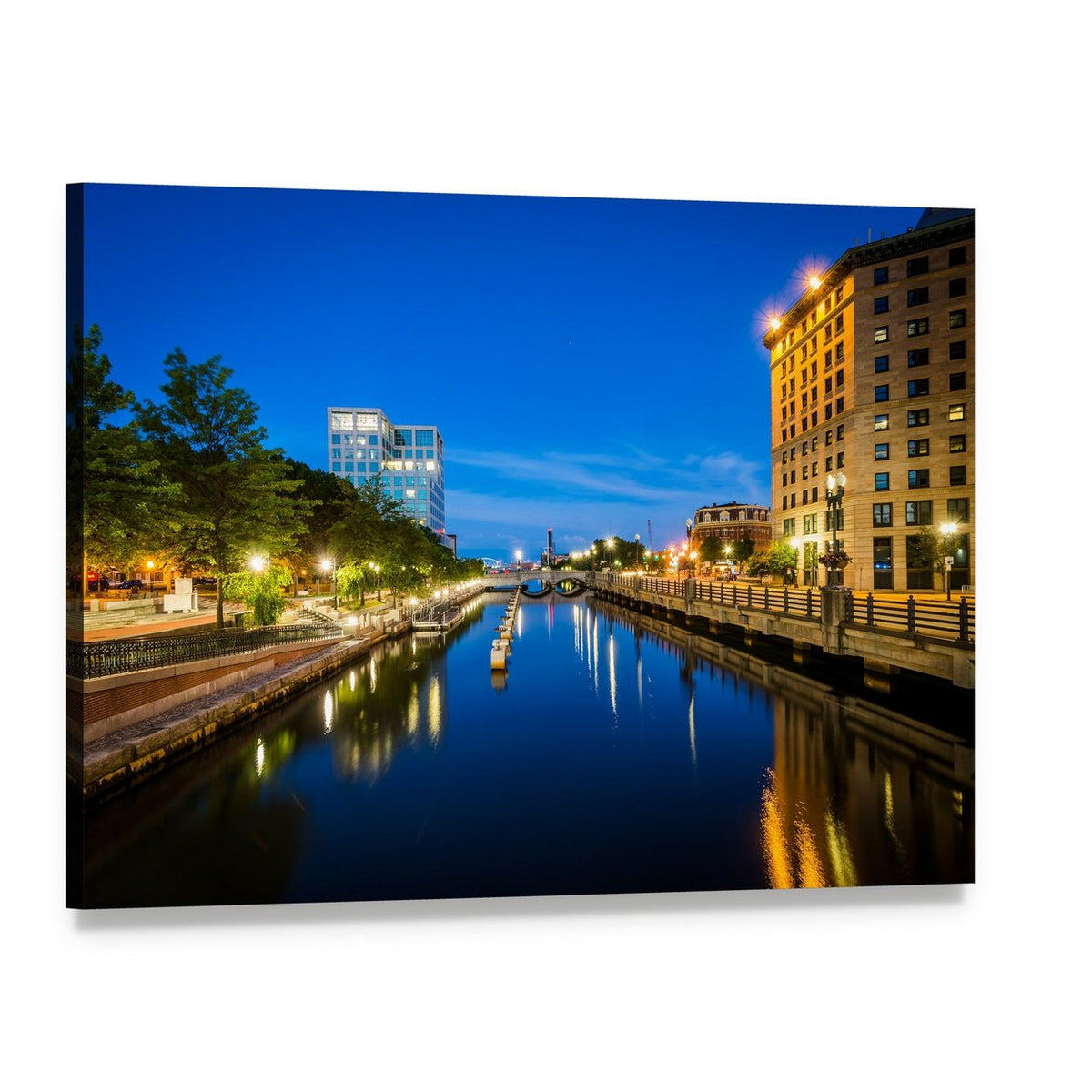 Buildings Along Providence River Canvas Wall Art, single panel gallery wrapped canvas, angled product view