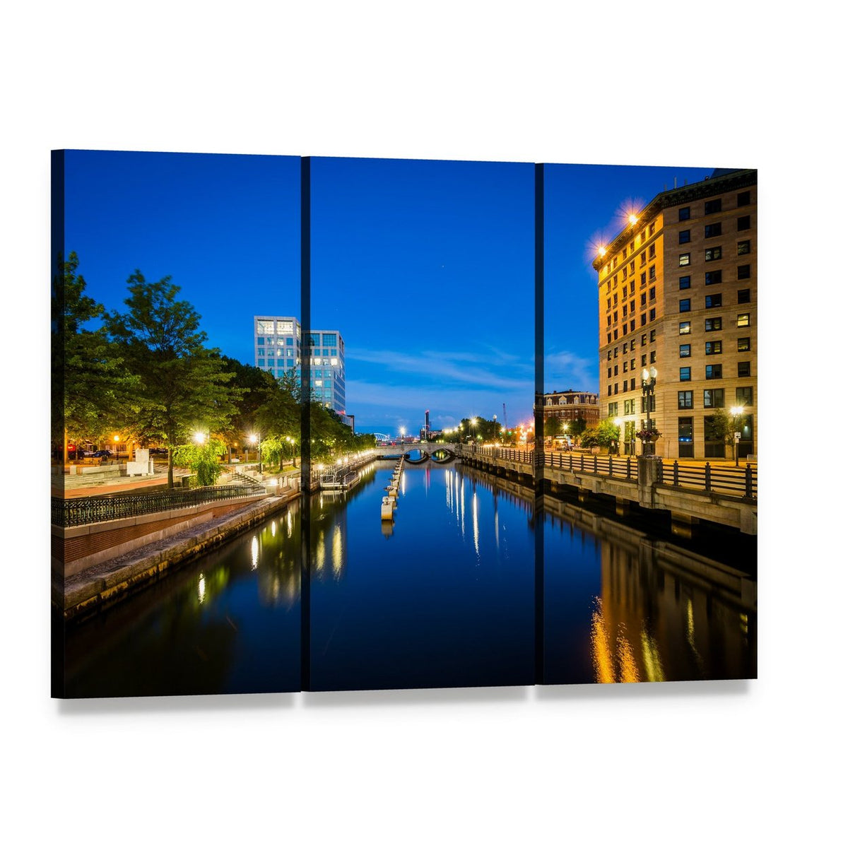 Buildings Along Providence River Canvas Wall Art, 3 panel 3 Horizontal layout gallery wrapped canvas set, angled product view