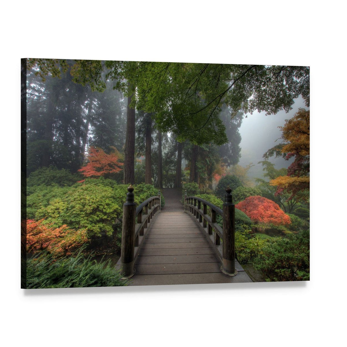 Wooden Arched Bridge in Autumn Fog Canvas Wall Art, single panel gallery wrapped canvas, angled product view