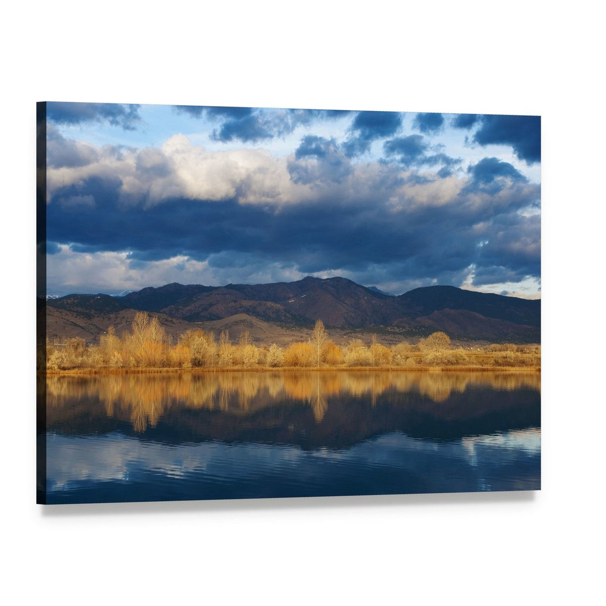 Sunrise Over Lake with Golden Trees Canvas Wall Art, single panel gallery wrapped canvas, angled product view