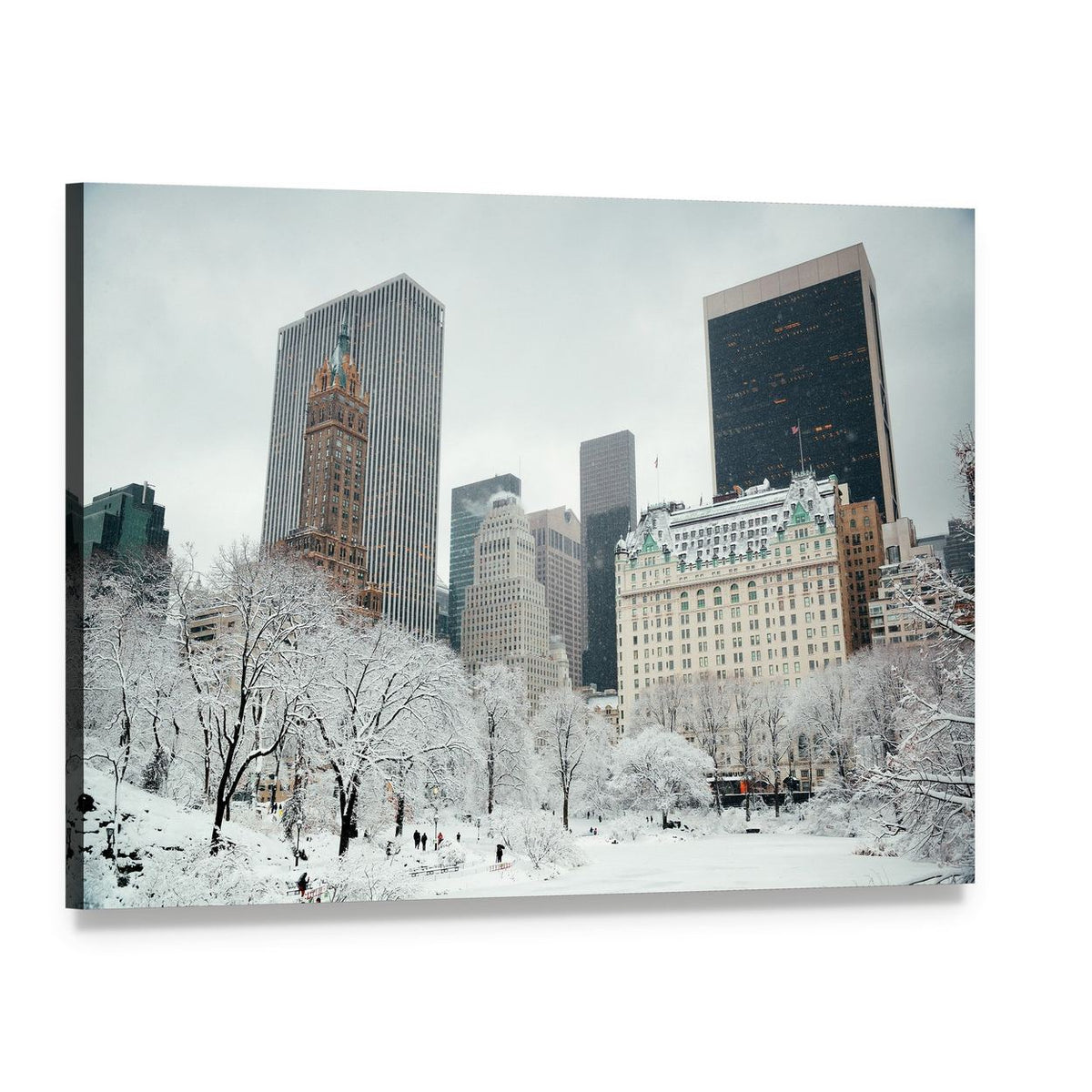 Snowy Manhattan Skyline in Winter Canvas Wall Art, single panel gallery wrapped canvas, angled product view