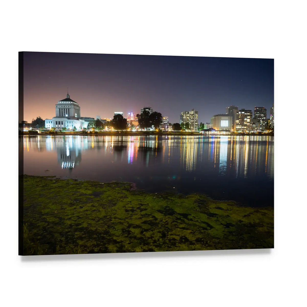 Merritt Lake Nighttime Skyline Reflection Canvas Wall Art, single panel gallery wrapped canvas, angled product view