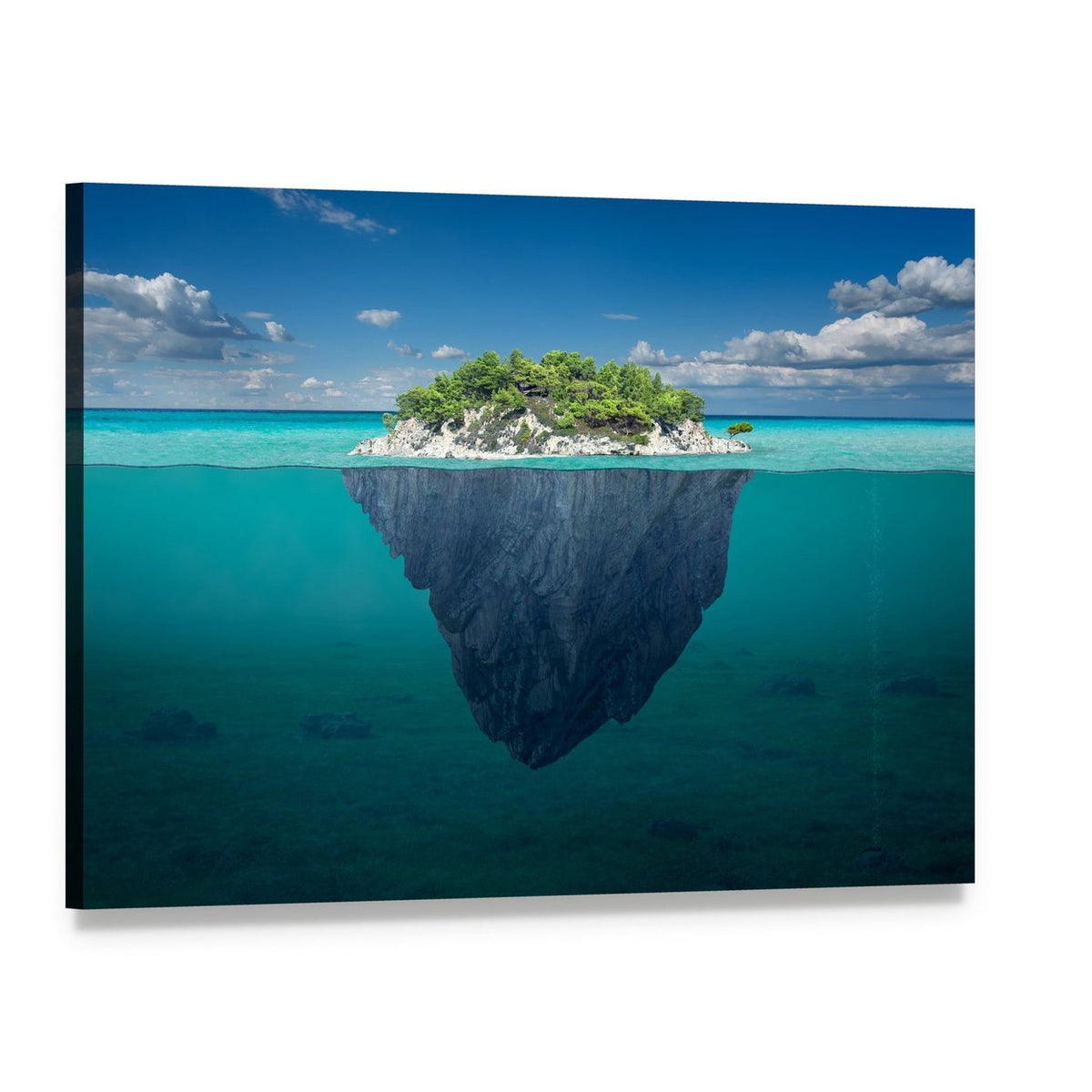 Floating Island Above and Below Water Canvas Wall Art, single panel gallery wrapped canvas, angled product view