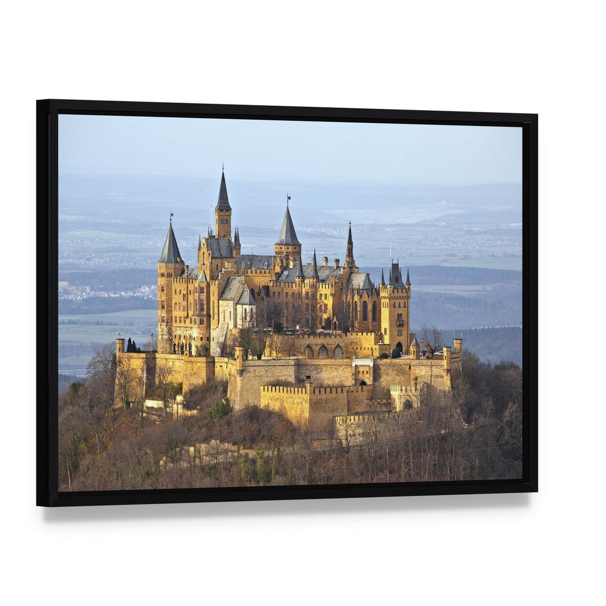 Hohenzollern Castle Canvas Wall Art, framed canvas in a black floater frame, angled product view