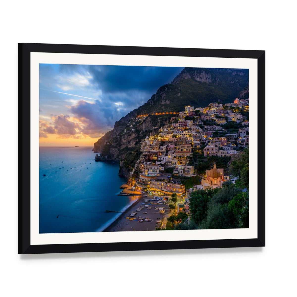 Sunset Over Positano, Amalfi Coast Canvas Wall Art, framed print with white mat and black frame, angled product view