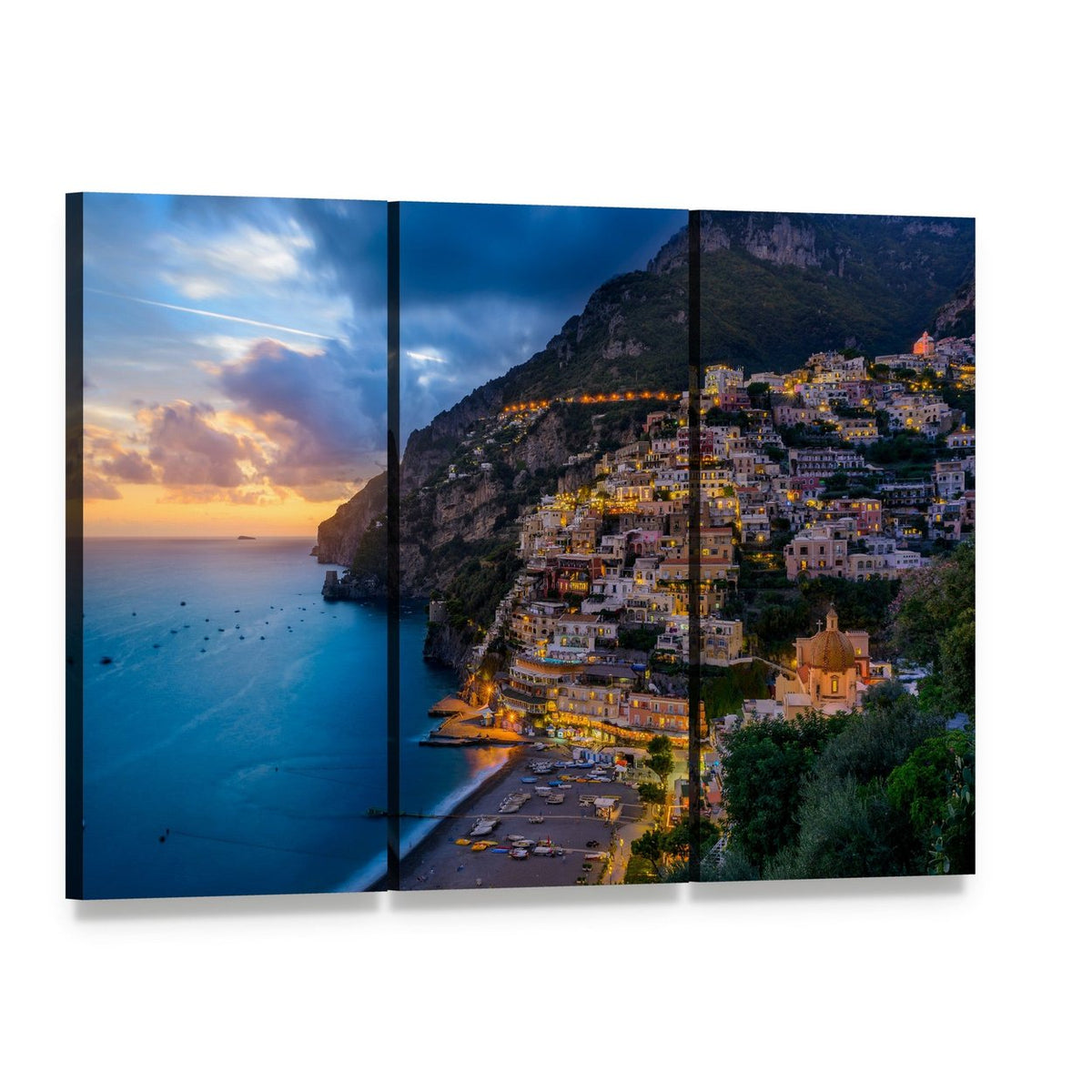 Sunset Over Positano, Amalfi Coast Canvas Wall Art, 3 panel 3 Horizontal layout gallery wrapped canvas set, angled product view