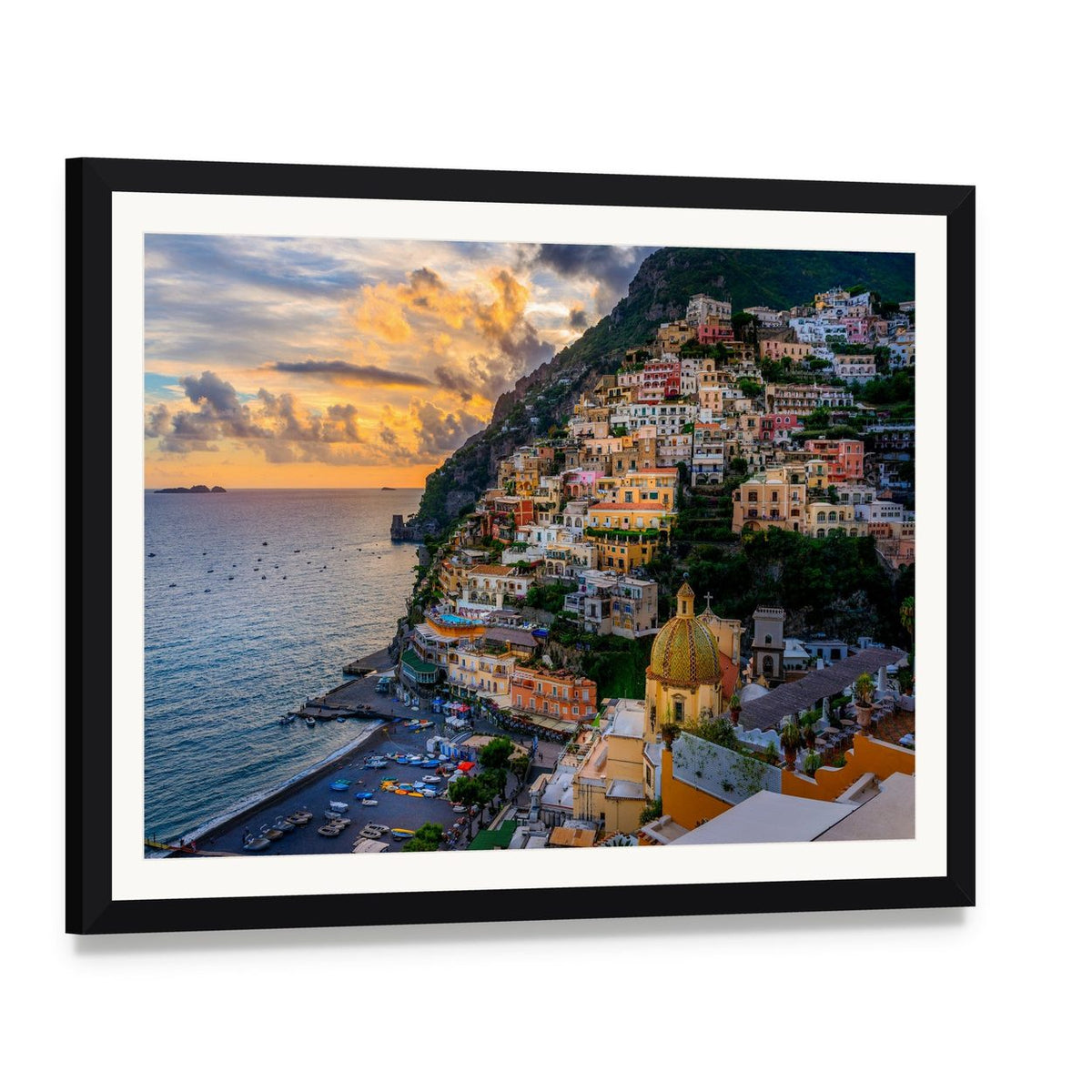 Sunset Over Positano Amalfi Coast Canvas Wall Art, framed print with white mat and black frame, angled product view
