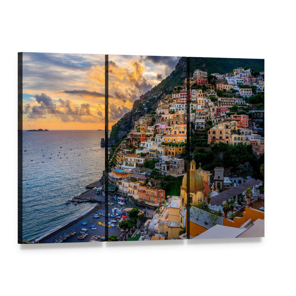 Sunset Over Positano Amalfi Coast Canvas Wall Art, 3 panel 3 Horizontal layout gallery wrapped canvas set, angled product view