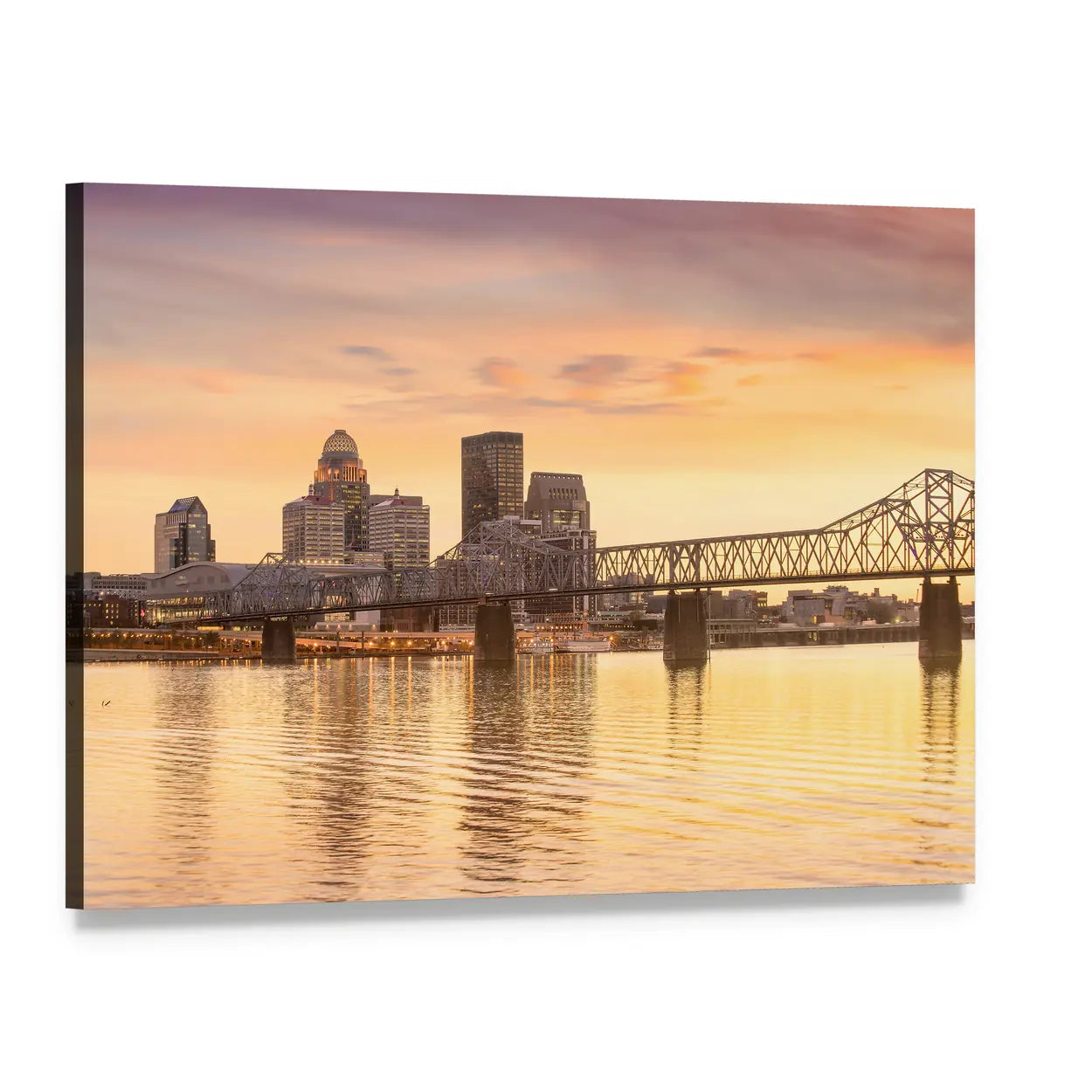 Downtown Louisville Skyline at Sunset Canvas Wall Art, single panel gallery wrapped canvas, angled product view