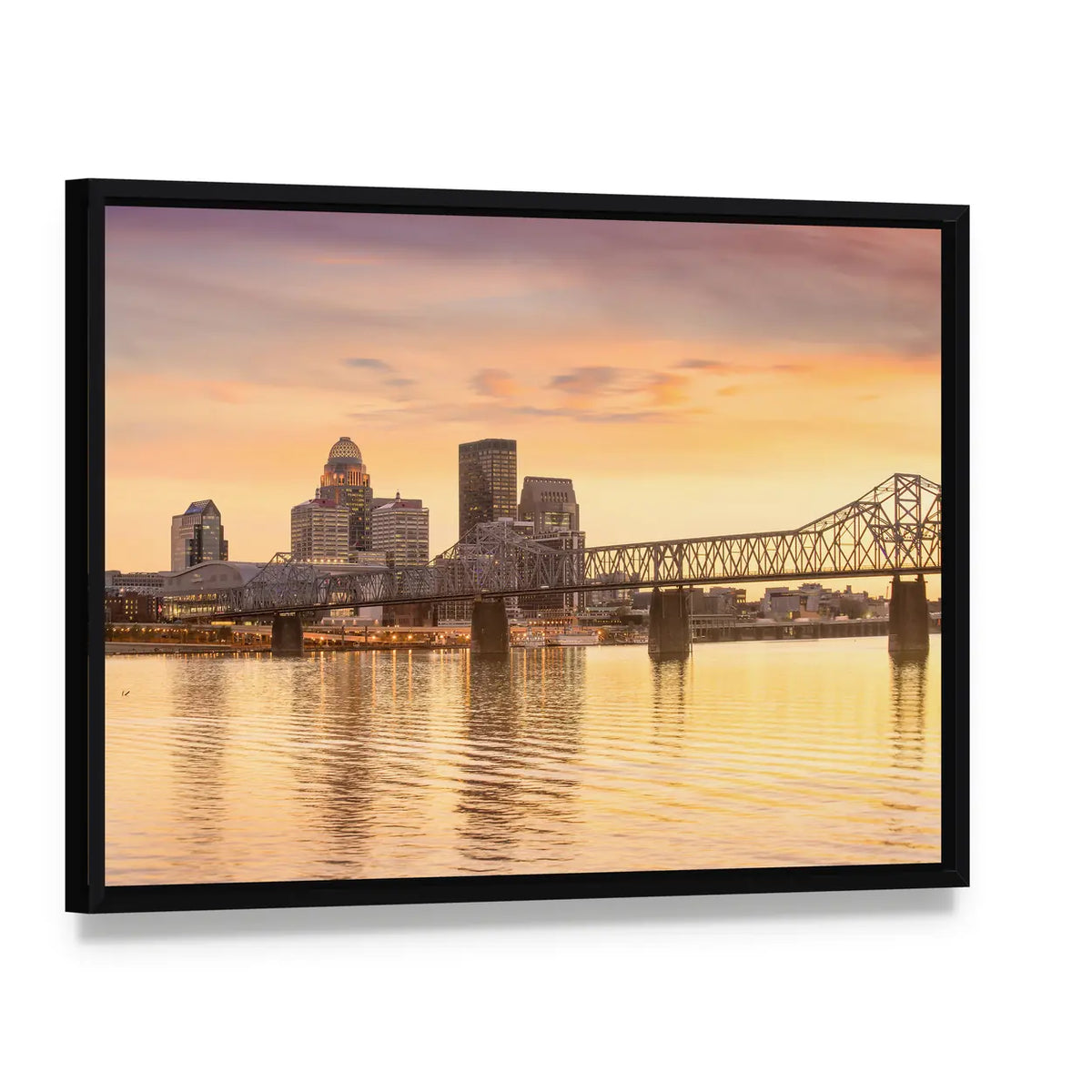 Downtown Louisville Skyline at Sunset Canvas Wall Art, framed canvas in a black floater frame, angled product view