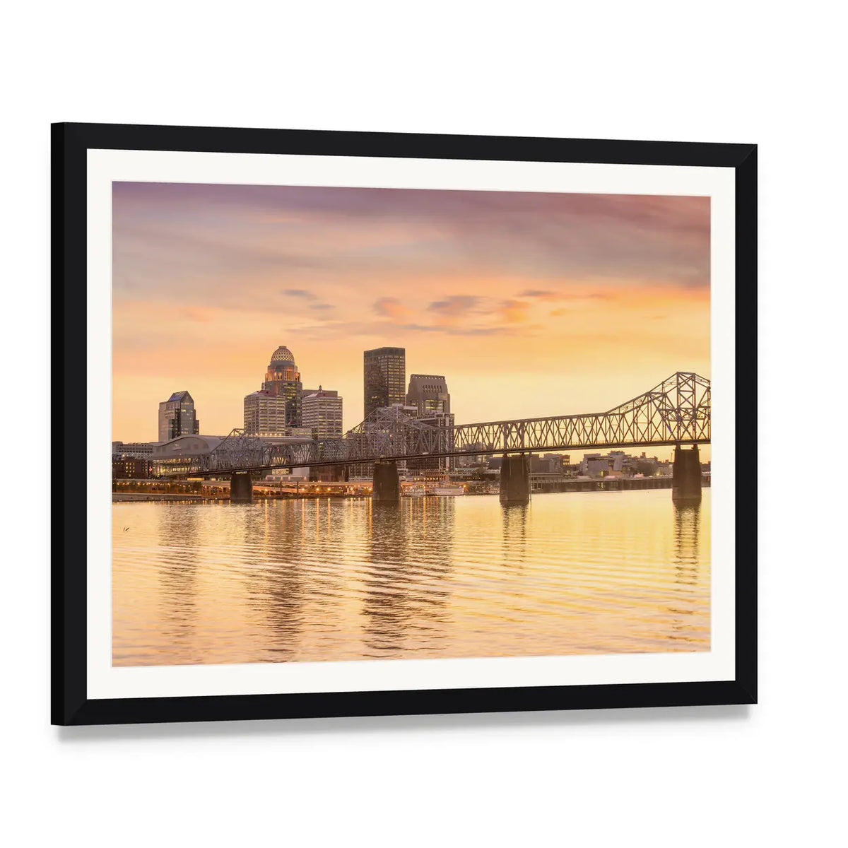Downtown Louisville Skyline at Sunset Canvas Wall Art, framed print with white mat and black frame, angled product view