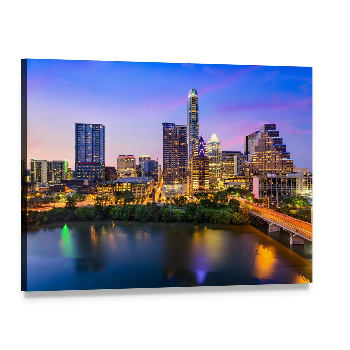 Austin Downtown Night Skyline Canvas Wall Art, single panel gallery wrapped canvas, angled product view
