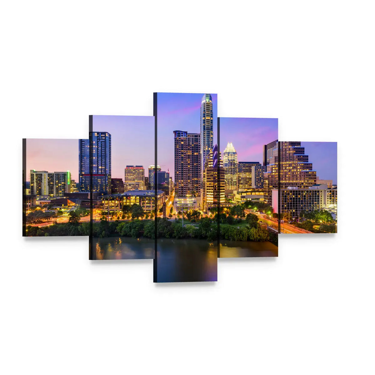 Austin Downtown Night Skyline Canvas Wall Art, 5 panel 5 Star layout gallery wrapped canvas set, angled product view