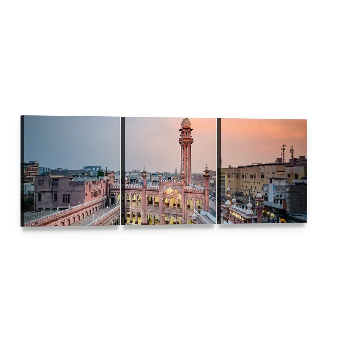 Sunehri Masjid in Peshawar at Sunset Panoramic Canvas Wall Art, 3 panel 3 Piece layout gallery wrapped canvas set, angled product view