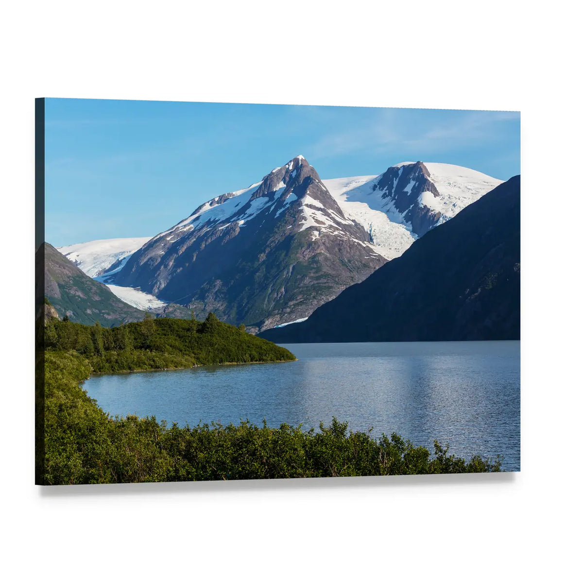 Alpine Lake and Glacier Mountains Canvas Wall Art, single panel gallery wrapped canvas, angled product view