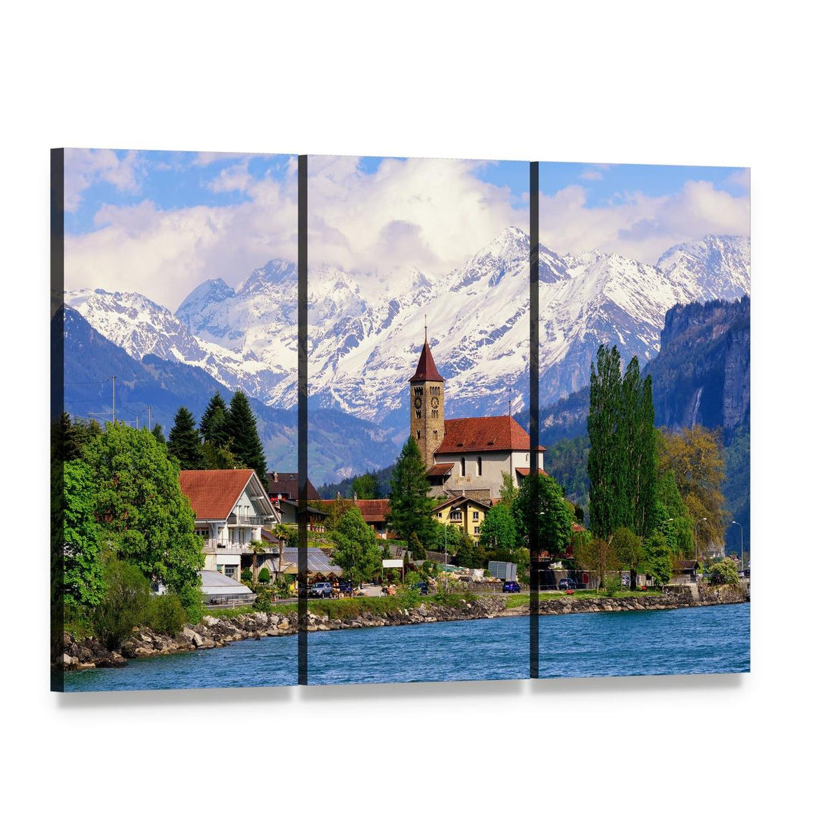 Brienz Town at Lake Switzerland Canvas Wall Art, 3 panel 3 Horizontal layout gallery wrapped canvas set, angled product view