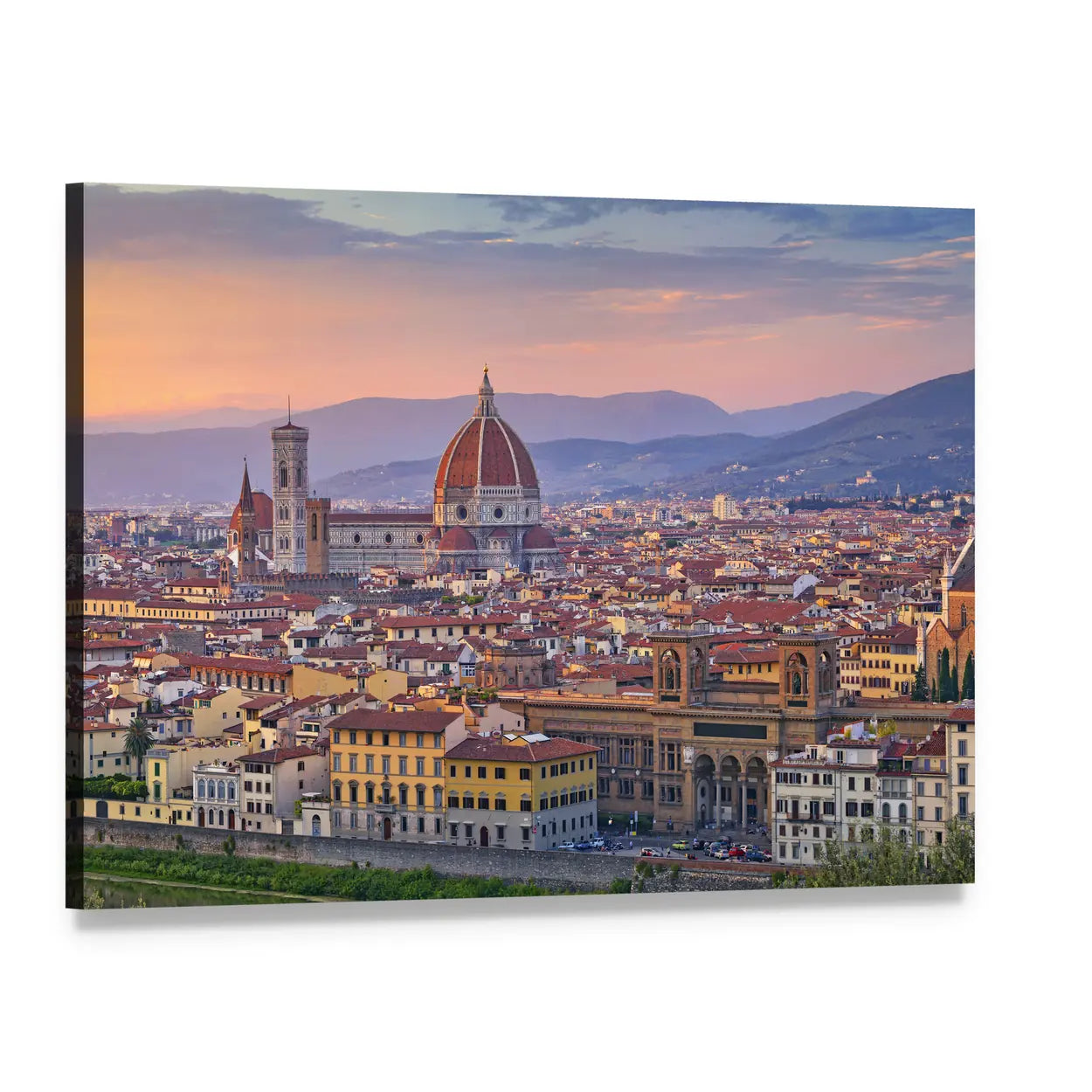 Florence City At Sunset Canvas Wall Art, single panel gallery wrapped canvas, angled product view