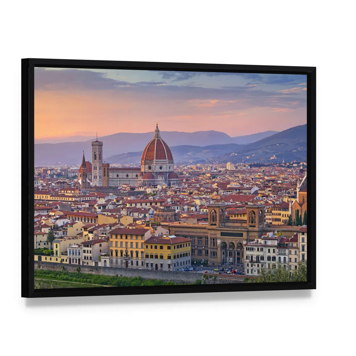Florence City At Sunset Canvas Wall Art, framed canvas in a black floater frame, angled product view