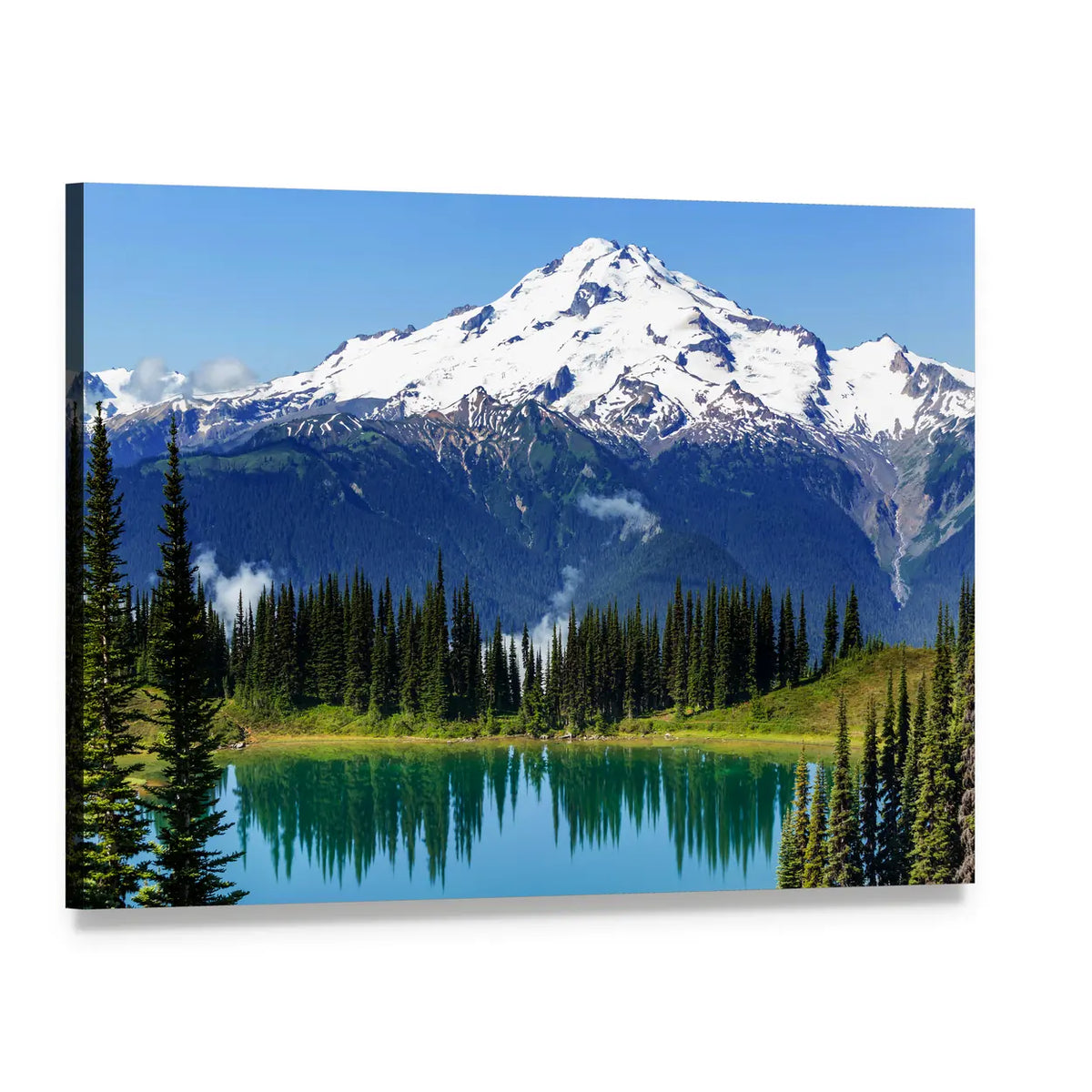 Mount Rainier Snowy Summit Reflection Canvas Wall Art, single panel gallery wrapped canvas, angled product view
