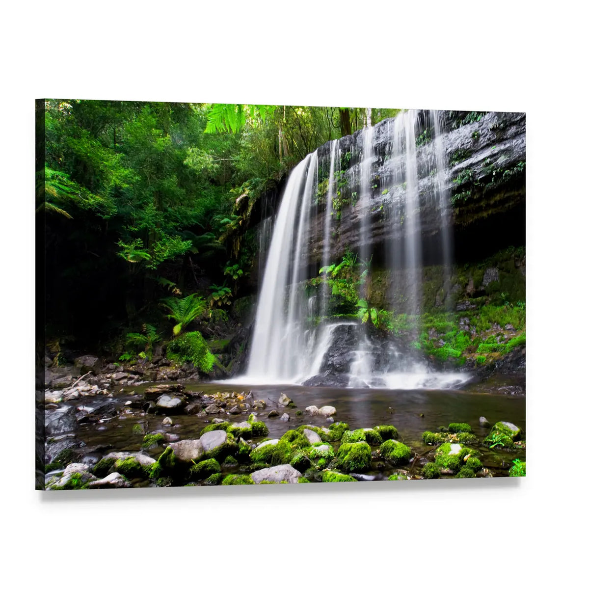 Russell Falls Waterfall in Tasmania Canvas Wall Art, single panel gallery wrapped canvas, angled product view