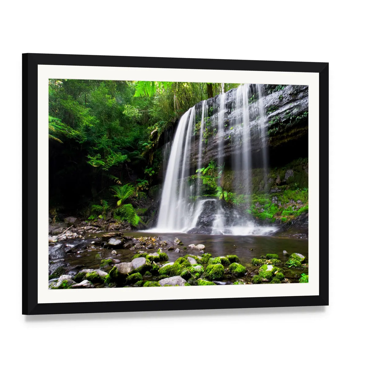 Russell Falls Waterfall in Tasmania Canvas Wall Art, framed print with white mat and black frame, angled product view
