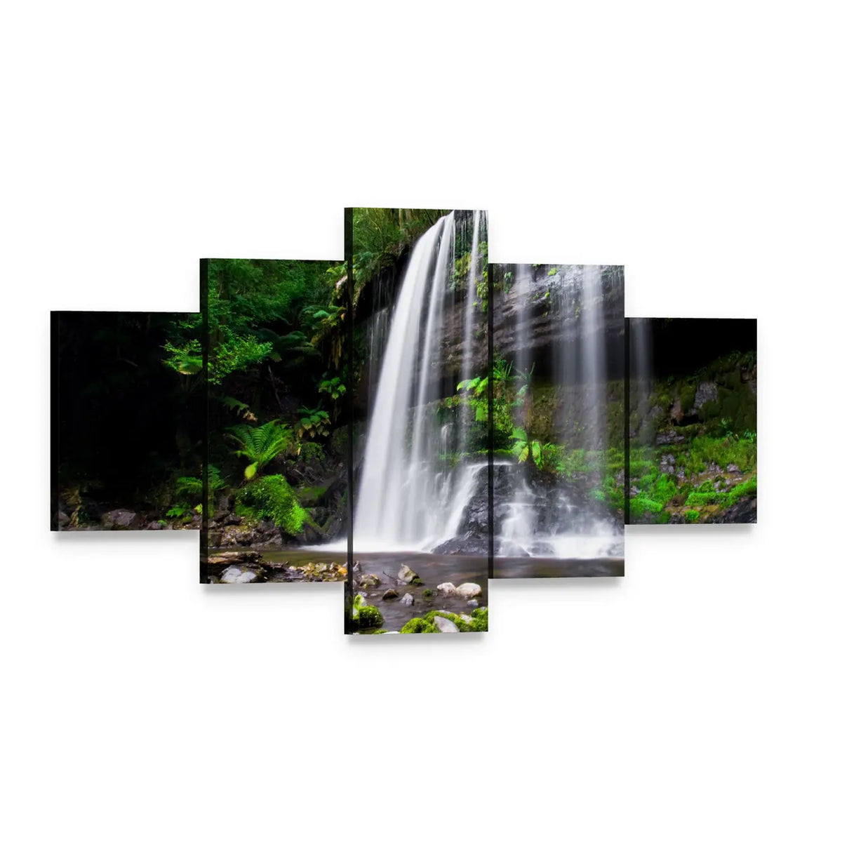 Russell Falls Waterfall in Tasmania Canvas Wall Art, 5 panel 5 Star layout gallery wrapped canvas set, angled product view