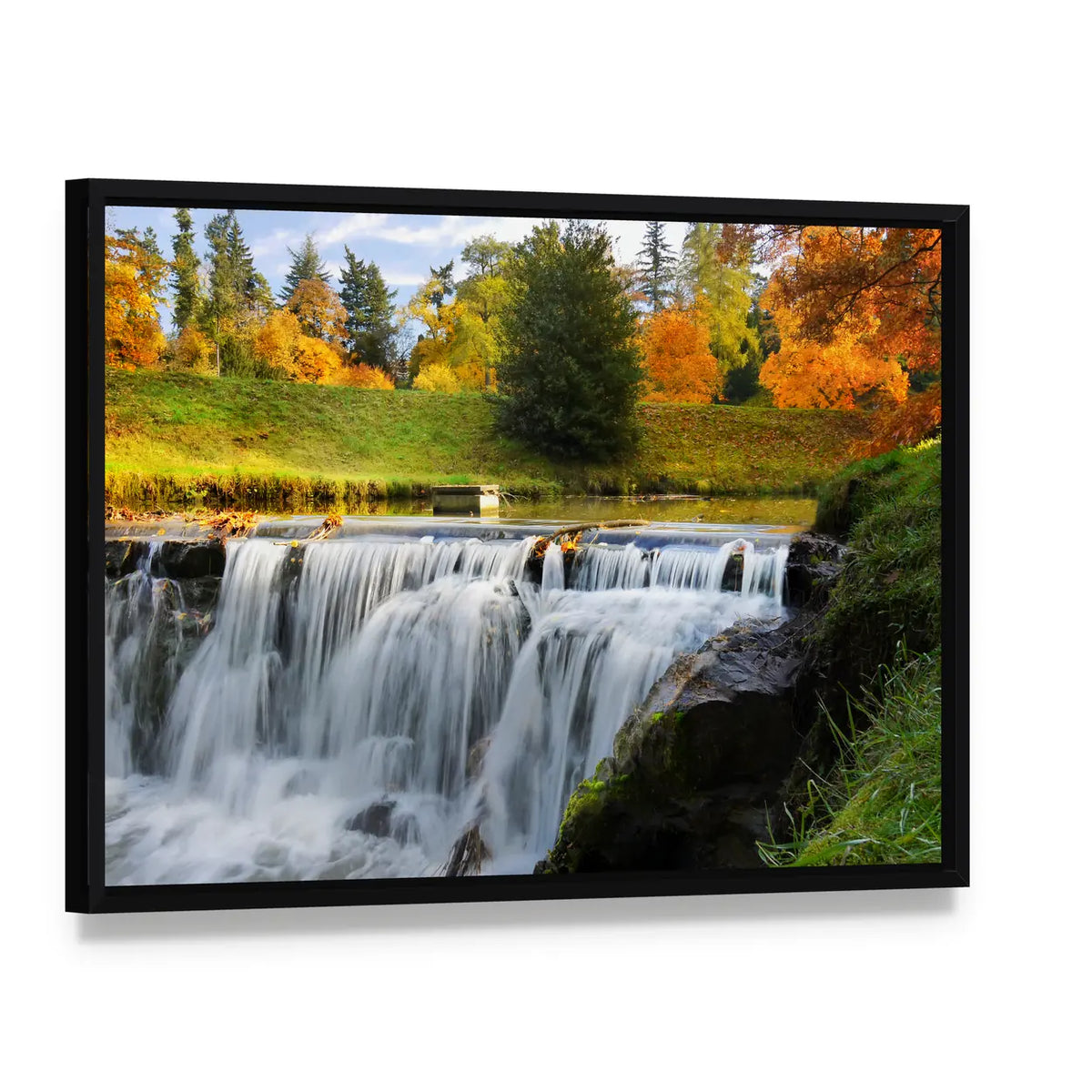 Scenic Cascades Waterfall Canvas Wall Art, framed canvas in a black floater frame, angled product view