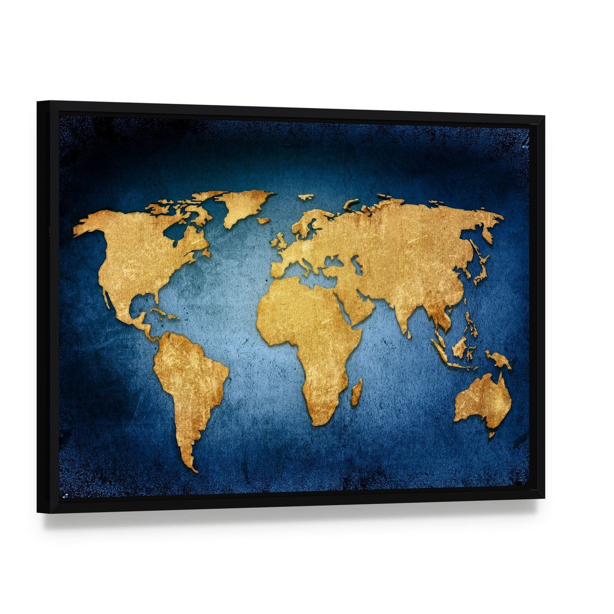 Textured World Map Canvas Wall Art, framed canvas in a black floater frame, angled product view