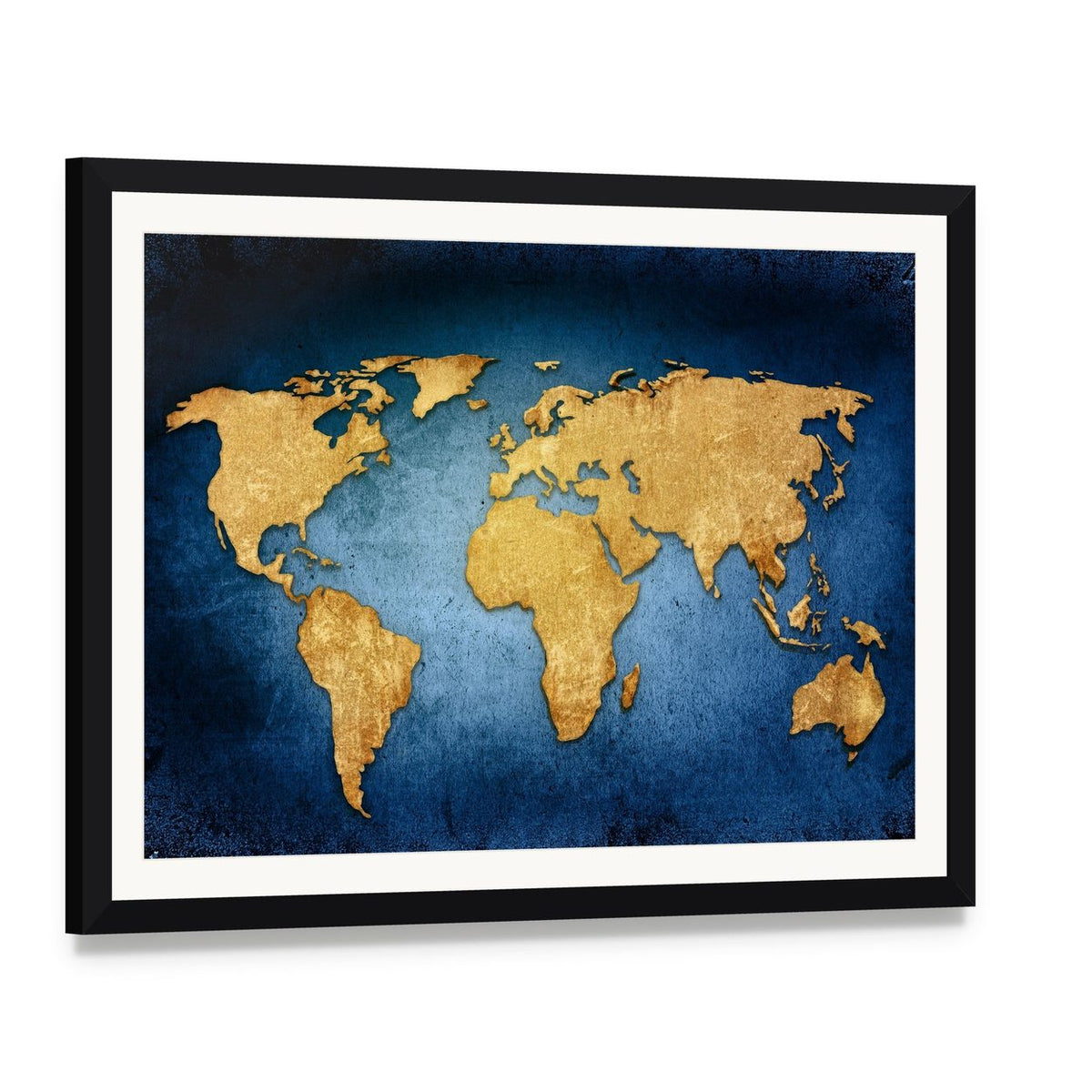 Textured World Map Canvas Wall Art, framed print with white mat and black frame, angled product view