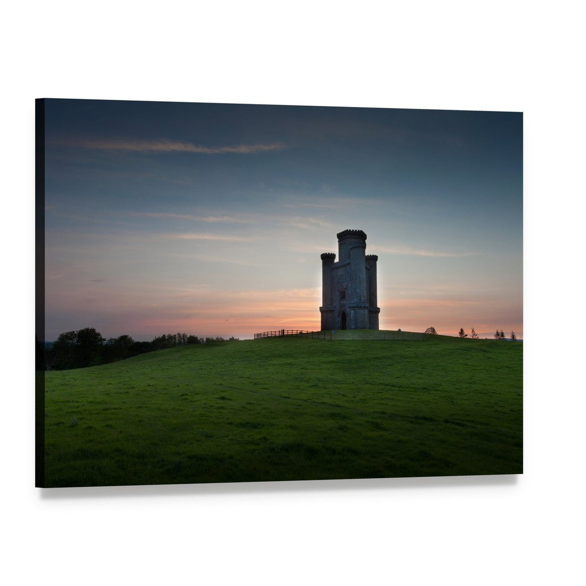 Sunset at Paxton's Tower Canvas Wall Art, single panel gallery wrapped canvas, angled product view