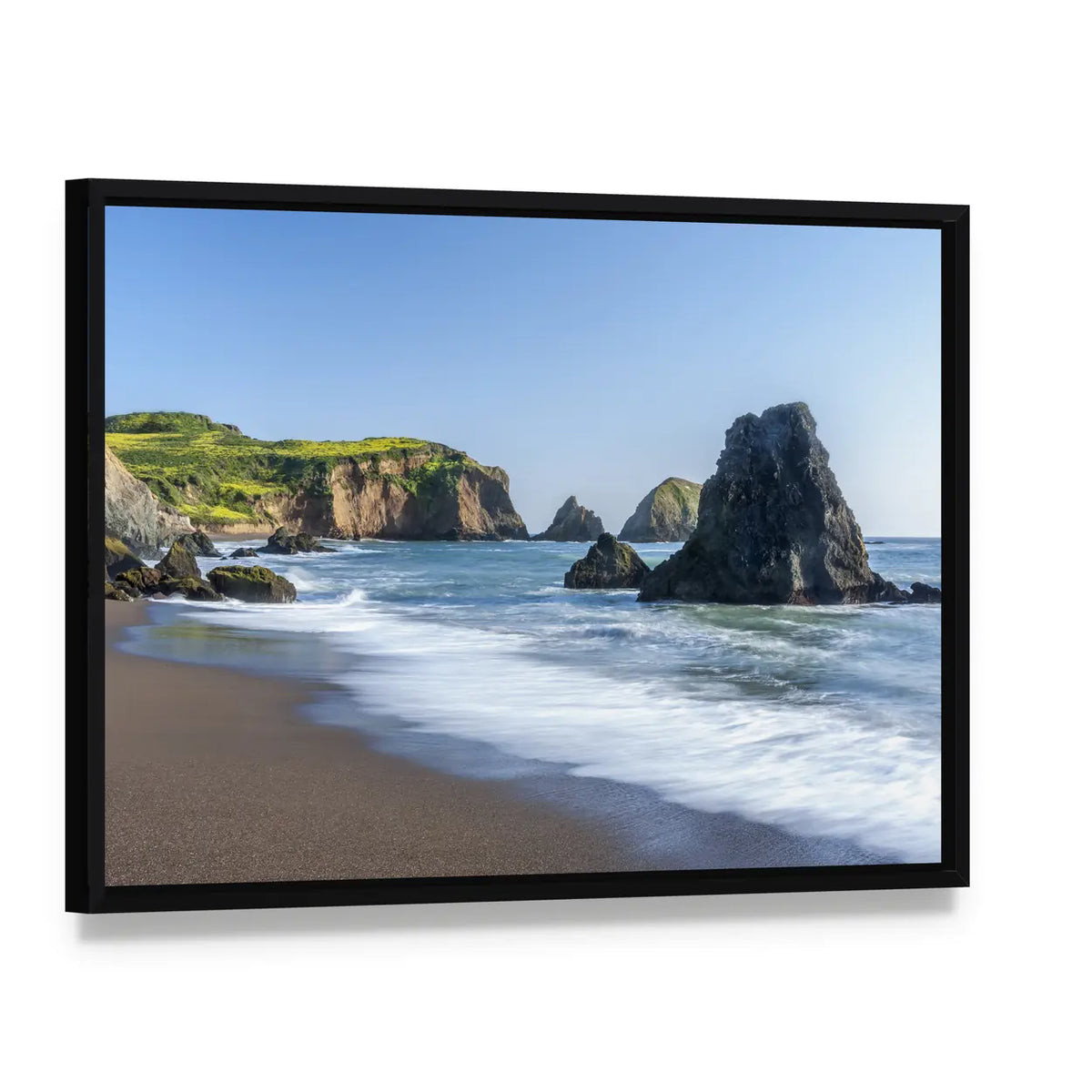 Rodeo Beach Shoreline with Sea Stacks Canvas Wall Art, framed canvas in a black floater frame, angled product view