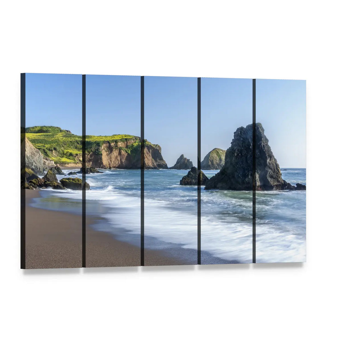 Rodeo Beach Shoreline with Sea Stacks Canvas Wall Art, 5 panel 5 Horizontal layout gallery wrapped canvas set, angled product view