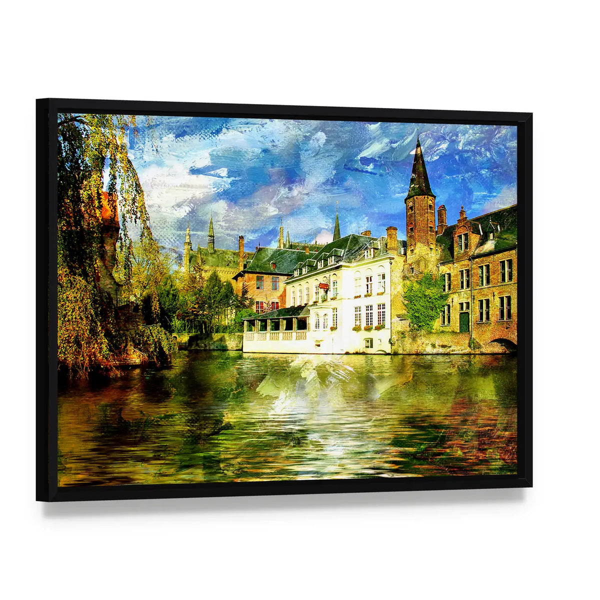 Belgian Canal in a Small Town Canvas Wall Art, framed canvas in a black floater frame, angled product view