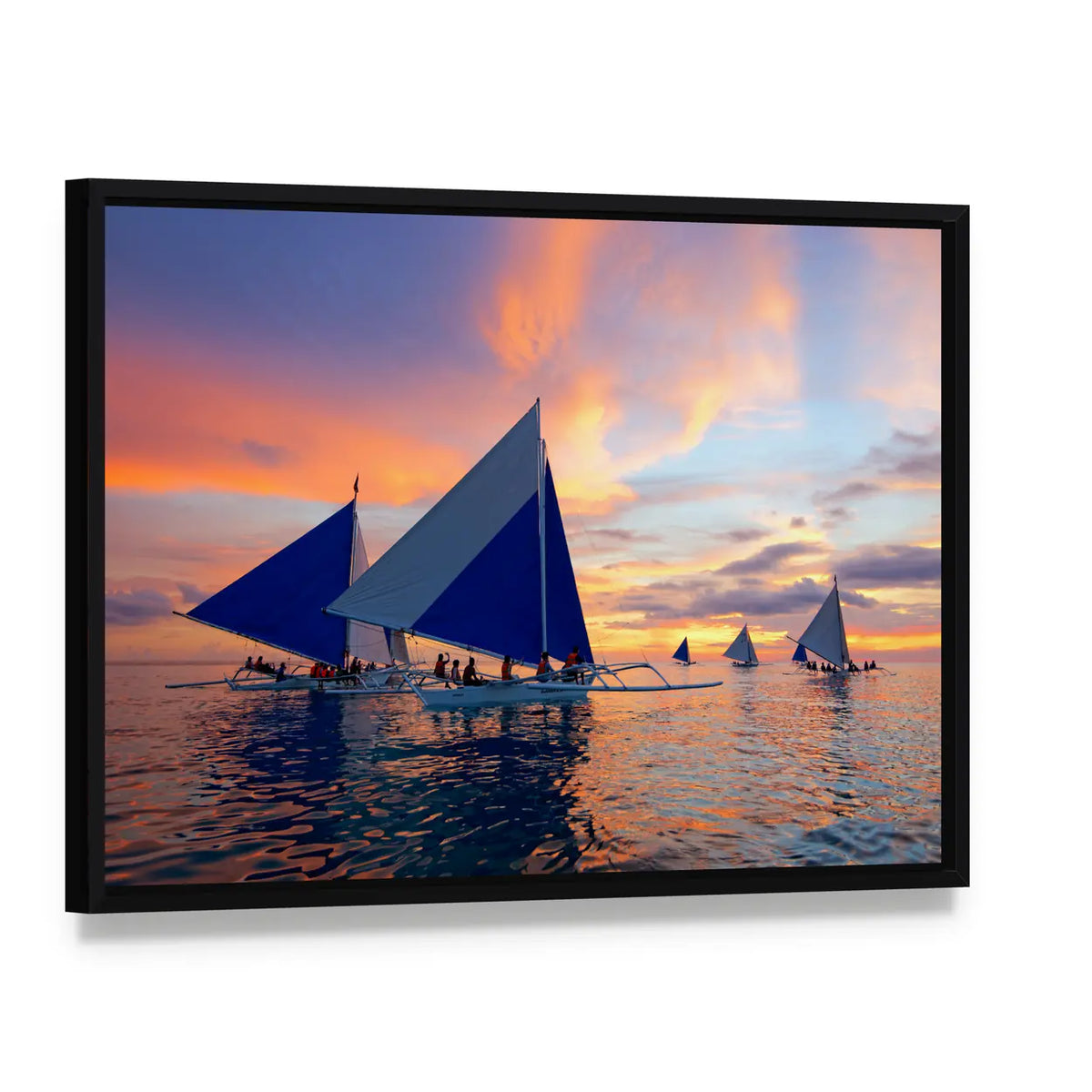 Sailboats at Boracay Sunset Canvas Wall Art, framed canvas in a black floater frame, angled product view