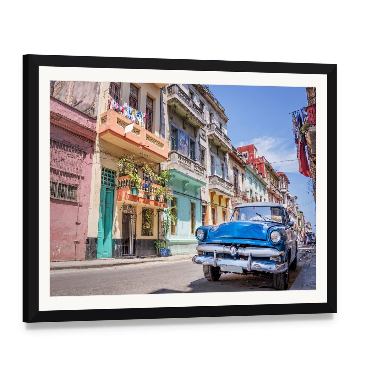 Vintage Blue Car in Havana Street Scene Canvas Wall Art, framed print with white mat and black frame, angled product view