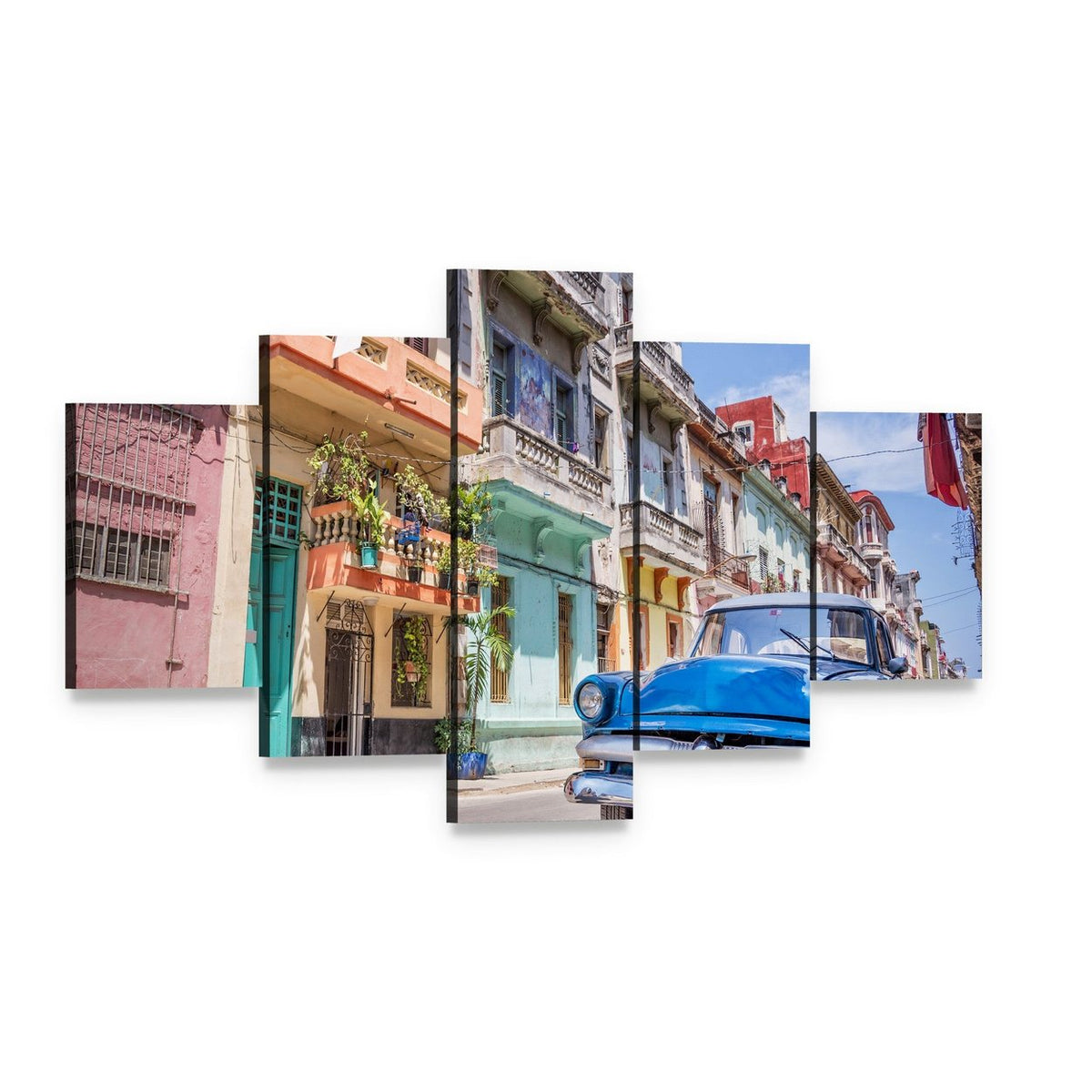 Vintage Blue Car in Havana Street Scene Canvas Wall Art, 5 panel 5 Star layout gallery wrapped canvas set, angled product view