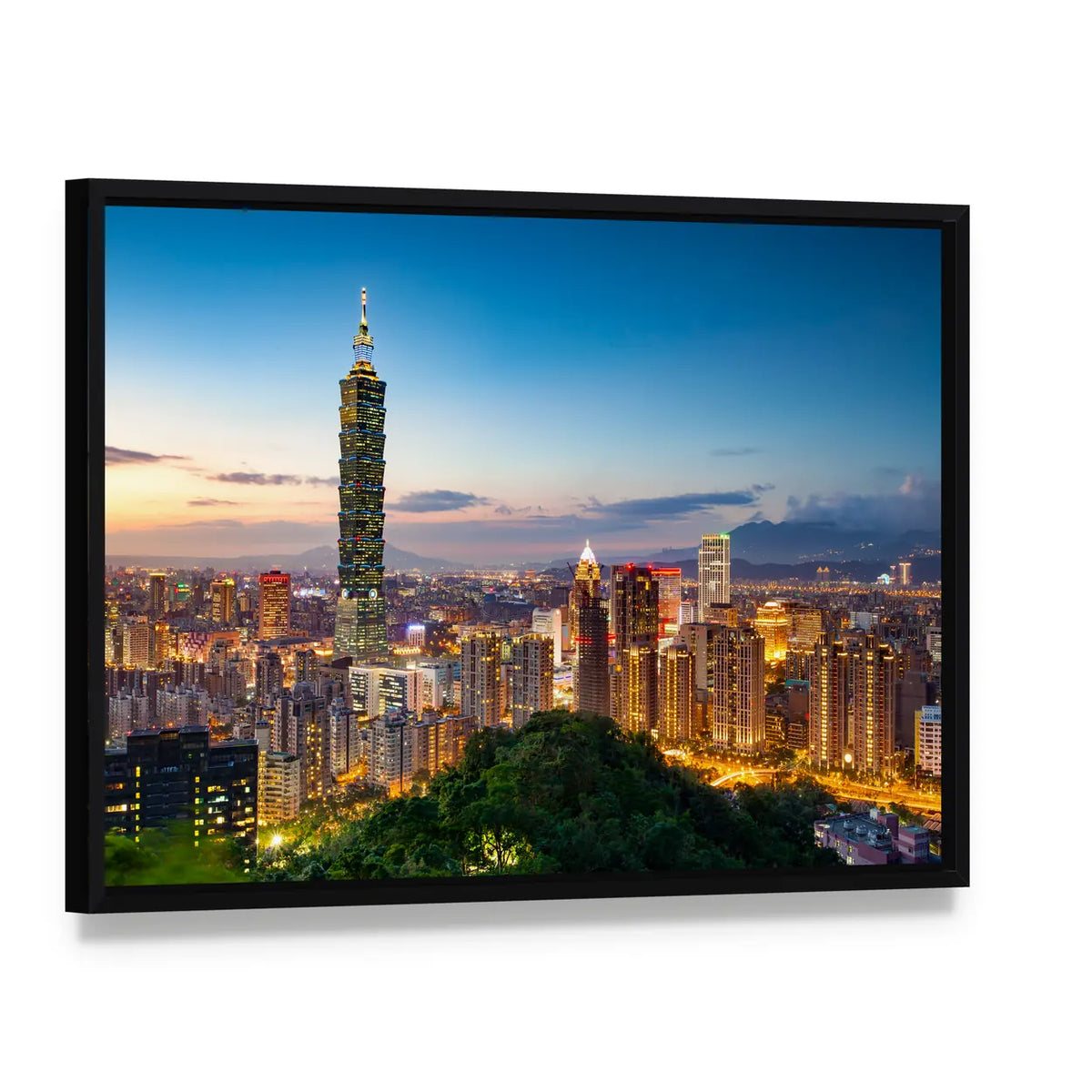 Taipei City Skyline at Twilight Canvas Wall Art, framed canvas in a black floater frame, angled product view