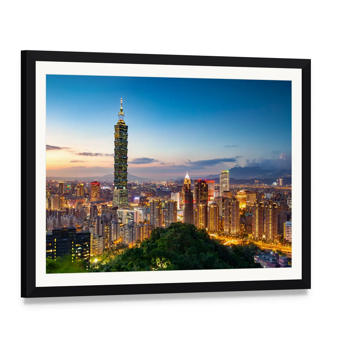 Taipei City Skyline at Twilight Canvas Wall Art, framed print with white mat and black frame, angled product view