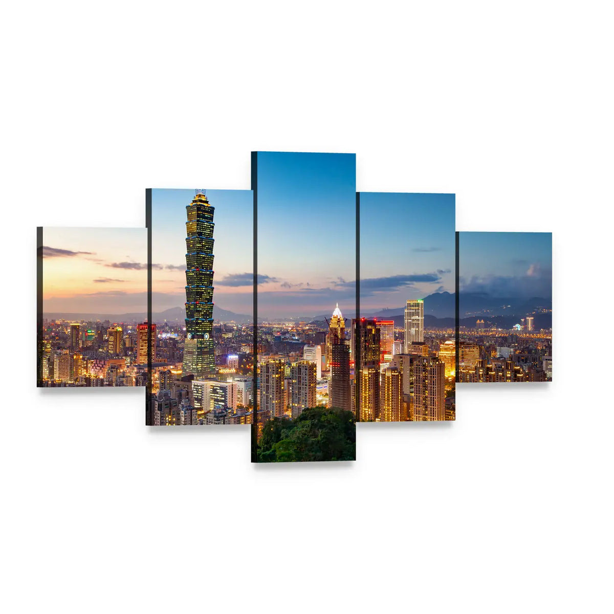 Taipei City Skyline at Twilight Canvas Wall Art, 5 panel 5 Star layout gallery wrapped canvas set, angled product view